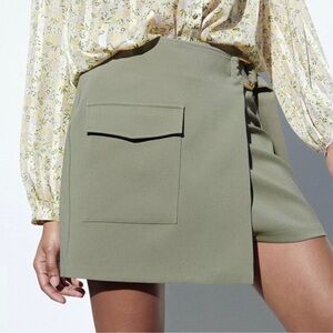 Zara Olive Green Utility Belted Wrap Mini Skirt Crepe Women Large New 2298/070
